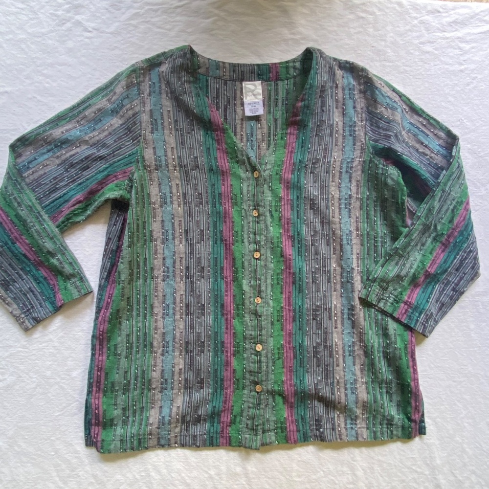 Roaman's Button Down Shirt Blouse W's Sz 14 Cotton Global Art Teacher Watermelon